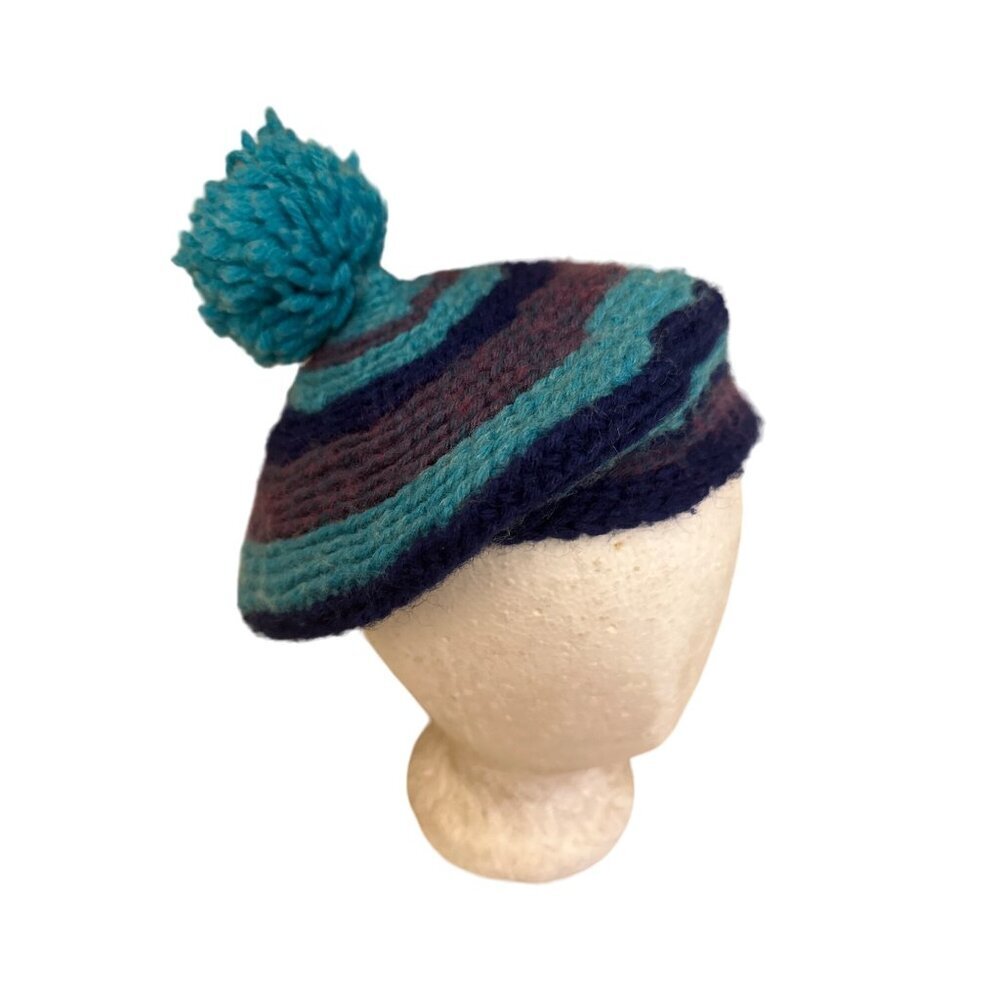 Knitted‎ Wool Beret With Pom-Pom Blue & Teal Stripes Leonard